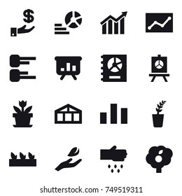 16 vector icon set : investment, diagram, statistic, presentation, annual report, flower, greenhouse, seedling, hand leaf, sow, garden