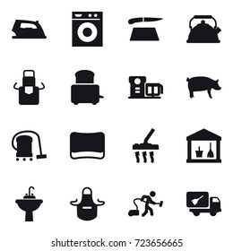 16 vector icon set : iron, washing machine, cutting board, kettle, apron, pig, vacuum cleaner, sponge, vacuum cleaner, utility room, water tap sink, apron, vacuum cleaner, home call cleaning