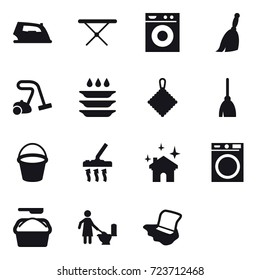 16 vector icon set : iron, iron board, washing machine, broom, vacuum cleaner, plate washing, rag, broom, bucket, vacuum cleaner, house cleaning, washing machine, washing powder, toilet cleaning