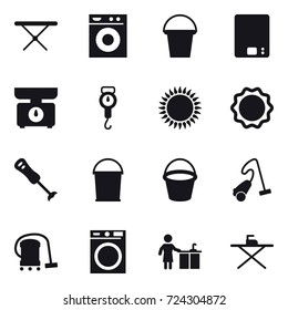 16 vector icon set : iron board, washing machine, bucket, kitchen scales, handle scales, vacuum cleaner, kitchen cleaning
