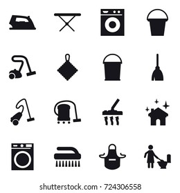 16 vector icon set : iron, iron board, washing machine, bucket, vacuum cleaner, rag, broom, house cleaning, brush, apron, toilet cleaning