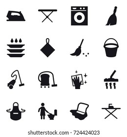 16 vector icon set : iron, iron board, washing machine, broom, plate washing, rag, bucket, vacuum cleaner, wiping, apron, toilet cleaning, floor washing