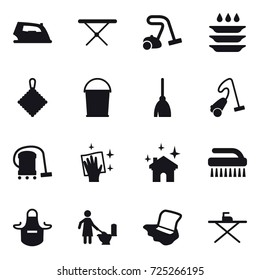 16 vector icon set : iron, iron board, vacuum cleaner, plate washing, rag, bucket, broom, wiping, house cleaning, brush, apron, toilet cleaning, floor washing