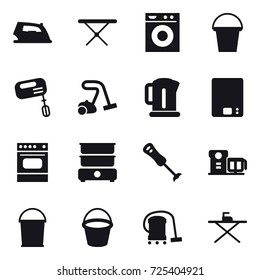 16 vector icon set : iron, iron board, washing machine, bucket, mixer, vacuum cleaner, kettle, kitchen scales
