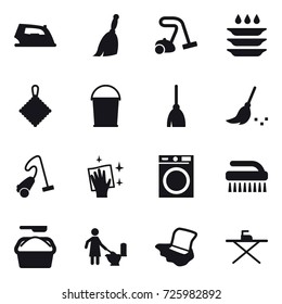16 vector icon set : iron, broom, vacuum cleaner, plate washing, rag, bucket, wiping, washing machine, brush, washing powder, toilet cleaning, floor washing, iron board