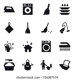 16 vector icon set : iron, washing machine, broom, plate washing, rag, vacuum cleaner, wiping, house cleaning, brush, washing powder, apron, toilet cleaning, floor washing
