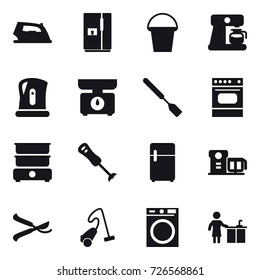 16 vector icon set : iron, fridge, bucket, coffee maker, kettle, kitchen scales, spatula, pruner, vacuum cleaner, washing machine, kitchen cleaning