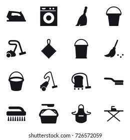 16 vector icon set : iron, washing machine, broom, bucket, vacuum cleaner, rag, brush, washing powder, apron, iron board