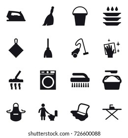 16 vector icon set : iron, broom, bucket, plate washing, rag, vacuum cleaner, wiping, washing machine, brush, washing powder, apron, toilet cleaning, floor washing, iron board
