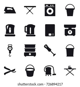 16 vector icon set : iron, iron board, washing machine, bucket, kettle, kitchen scales, handle scales, pruner, vacuum cleaner