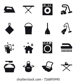 16 vector icon set : iron, iron board, washing machine, vacuum cleaner, rag, bucket, broom, wiping, house cleaning, brush, washing powder, apron, floor washing