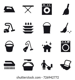 16 vector icon set : iron, iron board, washing machine, broom, vacuum cleaner, plate washing, bucket, house cleaning, brush, washing powder, toilet cleaning, floor washing