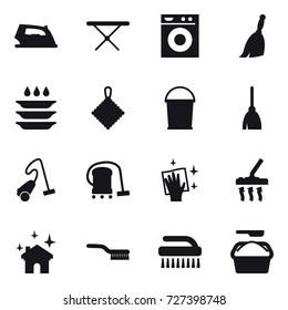 16 vector icon set : iron, iron board, washing machine, broom, plate washing, rag, bucket, vacuum cleaner, wiping, house cleaning, brush, washing powder