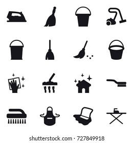 16 vector icon set : iron, broom, bucket, vacuum cleaner, wiping, house cleaning, brush, apron, floor washing, iron board