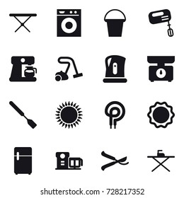 16 vector icon set : iron board, washing machine, bucket, mixer, coffee maker, vacuum cleaner, kettle, kitchen scales, spatula, pruner