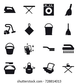 16 vector icon set : iron, iron board, washing machine, broom, vacuum cleaner, rag, bucket, wiping, brush, washing powder, apron, floor washing