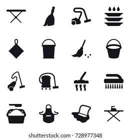 16 vector icon set : iron board, broom, vacuum cleaner, plate washing, rag, bucket, brush, washing powder, apron, floor washing