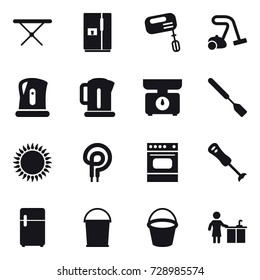 16 vector icon set : iron board, fridge, mixer, vacuum cleaner, kettle, kitchen scales, spatula, bucket, kitchen cleaning