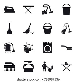 16 vector icon set : iron, iron board, vacuum cleaner, bucket, broom, wiping, washing machine, brush, washing powder, toilet cleaning