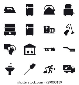 16 vector icon set : iron, fridge, kettle, vacuum cleaner, wiping, utility room, drying clothe, brush, water tap sink, duster, home call cleaning