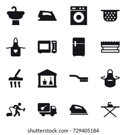 16 vector icon set : iron, washing machine, colander, apron, sponge, vacuum cleaner, utility room, brush, home call cleaning, iron board