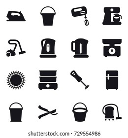 16 vector icon set : iron, bucket, mixer, coffee maker, vacuum cleaner, kettle, kitchen scales, pruner