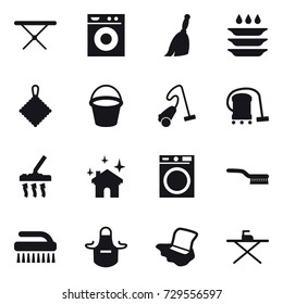 16 vector icon set : iron board, washing machine, broom, plate washing, rag, bucket, vacuum cleaner, house cleaning, brush, apron, floor washing
