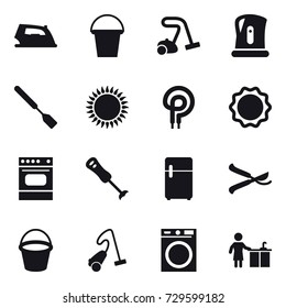 16 vector icon set : iron, bucket, vacuum cleaner, kettle, spatula, pruner, washing machine, kitchen cleaning