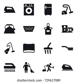 16 vector icon set : iron, washing machine, fridge, vacuum cleaner, kettle, kolander, apron, sponge, brush, brooming