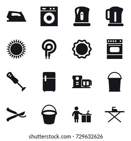16 vector icon set : iron, washing machine, kettle, bucket, pruner, kitchen cleaning, iron board