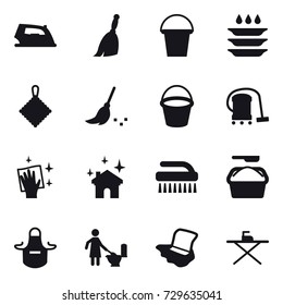 16 vector icon set : iron, broom, bucket, plate washing, rag, vacuum cleaner, wiping, house cleaning, brush, washing powder, apron, toilet cleaning, floor washing, iron board