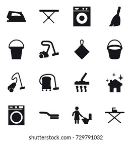 16 vector icon set : iron, iron board, washing machine, broom, bucket, vacuum cleaner, rag, house cleaning, brush, toilet cleaning
