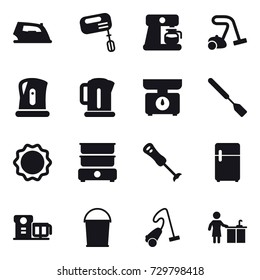 16 vector icon set : iron, mixer, coffee maker, vacuum cleaner, kettle, kitchen scales, spatula, bucket, kitchen cleaning