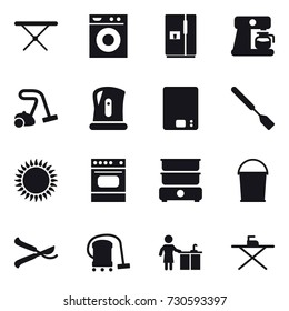 16 vector icon set : iron board, washing machine, fridge, coffee maker, vacuum cleaner, kettle, kitchen scales, spatula, bucket, pruner, kitchen cleaning