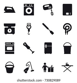 16 vector icon set : iron, washing machine, mixer, kitchen scales, handle scales, spatula, bucket, vacuum cleaner, kitchen cleaning, iron board