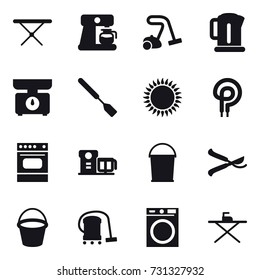 16 vector icon set : iron board, coffee maker, vacuum cleaner, kettle, kitchen scales, spatula, bucket, pruner, washing machine