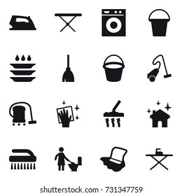 16 vector icon set : iron, iron board, washing machine, bucket, plate washing, broom, vacuum cleaner, wiping, house cleaning, brush, toilet cleaning, floor washing