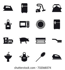 16 vector icon set : iron, fridge, vacuum cleaner, kettle, apron, pig, sponge, brush, water tap sink, duster