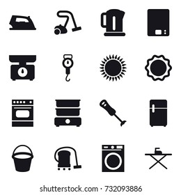 16 vector icon set : iron, vacuum cleaner, kettle, kitchen scales, handle scales, bucket, washing machine, iron board