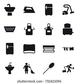 16 vector icon set : iron, fridge, vacuum cleaner, kolander, apron, sponge, drying clothe, water tap sink, brooming, duster