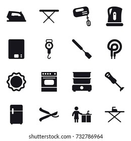 16 vector icon set : iron, iron board, mixer, kettle, kitchen scales, handle scales, spatula, pruner, kitchen cleaning