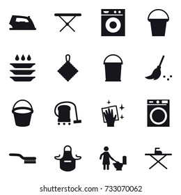 16 vector icon set : iron, iron board, washing machine, bucket, plate washing, rag, broom, vacuum cleaner, wiping, brush, apron, toilet cleaning