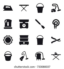 16 vector icon set : iron, iron board, bucket, vacuum cleaner, kettle, kitchen scales, spatula, pruner