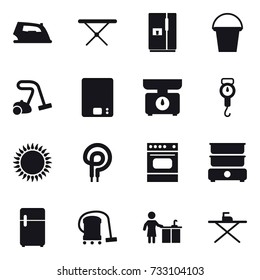 16 vector icon set : iron, iron board, fridge, bucket, vacuum cleaner, kitchen scales, handle scales, kitchen cleaning