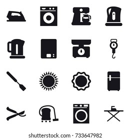 16 vector icon set : iron, washing machine, coffee maker, kettle, kitchen scales, handle scales, spatula, pruner, vacuum cleaner, iron board