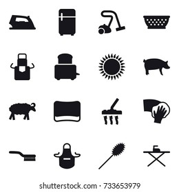 16 vector icon set : iron, fridge, vacuum cleaner, kolander, apron, pig, sheep, sponge, wiping, brush, duster, iron board