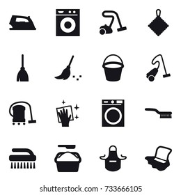 16 vector icon set : iron, washing machine, vacuum cleaner, rag, broom, bucket, wiping, brush, washing powder, apron, floor washing
