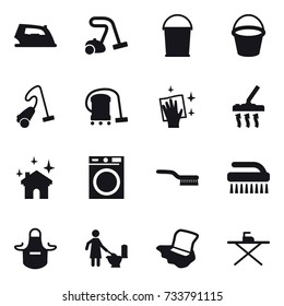 16 vector icon set : iron, vacuum cleaner, bucket, wiping, house cleaning, washing machine, brush, apron, toilet cleaning, floor washing, iron board