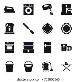 16 vector icon set : iron, washing machine, mixer, coffee maker, kettle, spatula, bucket, vacuum cleaner, iron board