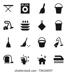 16 vector icon set : iron board, washing machine, broom, bucket, vacuum cleaner, plate washing, rag, wiping, house cleaning, brush